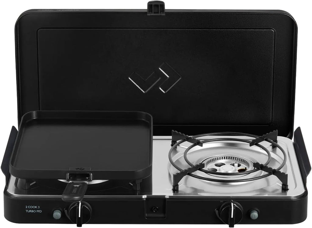 CADAC - 2 Cook 3 Turbo Deluxe y cúpula de parrilla universal - Barbacoa de gas de sobremesa con 2 quemadores y tapa de aluminio - Set de barbacoa para camping al aire libre con encendido piezoeléctrico y dispositivo de fallo de llama - 50mBar