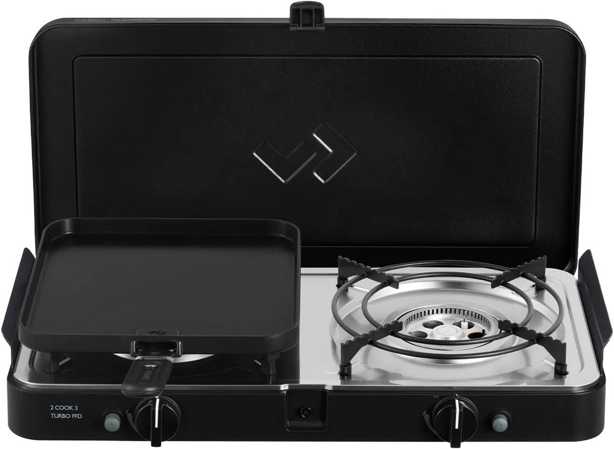 CADAC - 2 Cook 3 Turbo Deluxe y cúpula de parrilla universal - Barbacoa de gas de sobremesa con 2 quemadores y tapa de aluminio - Set de barbacoa para camping al aire libre con encendido piezoeléctrico y dispositivo de fallo de llama - 50mBar