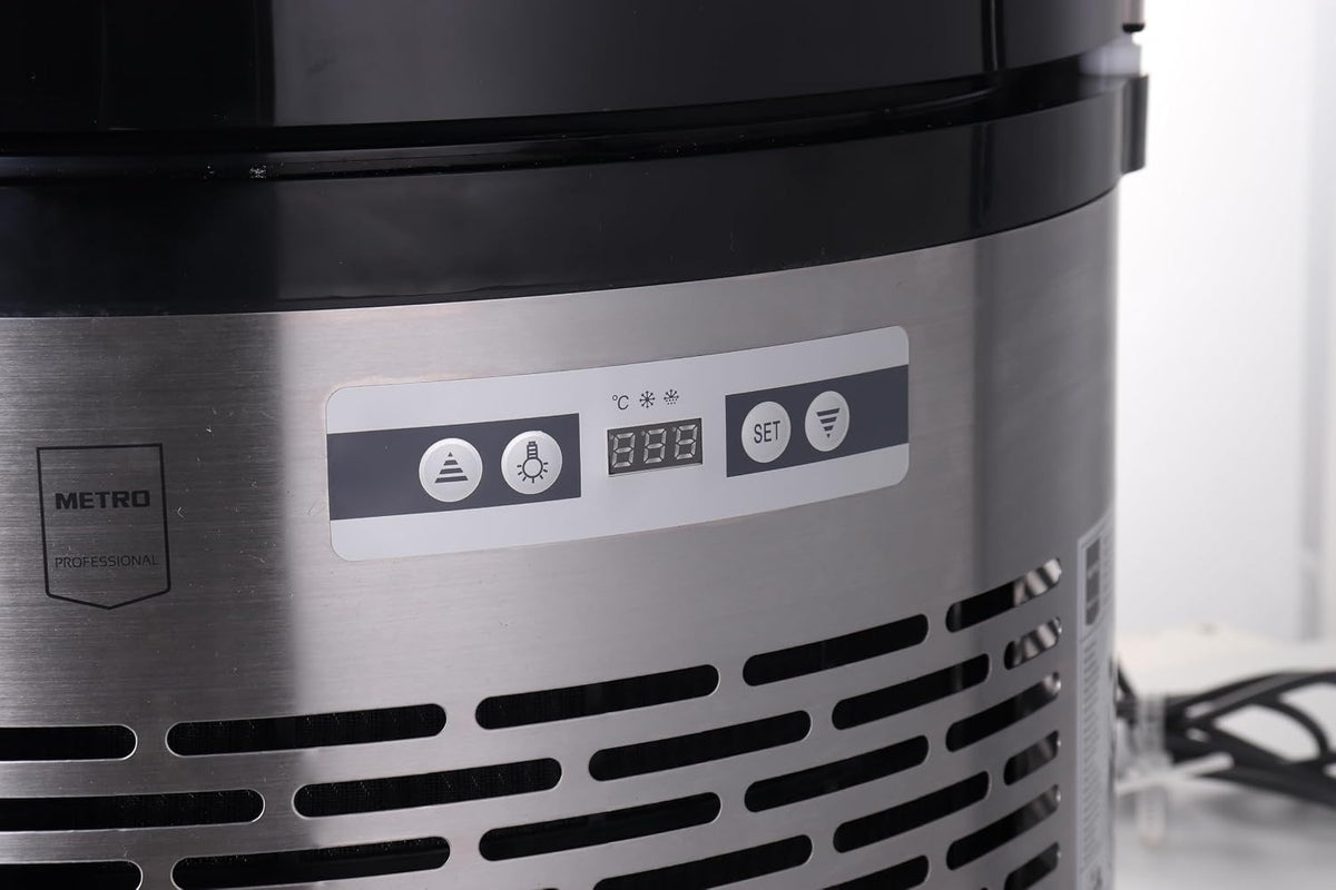 Vitrina refrigerada METRO Professional GRV1100, para hostelería, acero inoxidable/vidrio, 100 L, refrigeración por aire forzado, 490 W, indicador de temperatura,  descongelación automática, redonda, plateada, clase climática 6