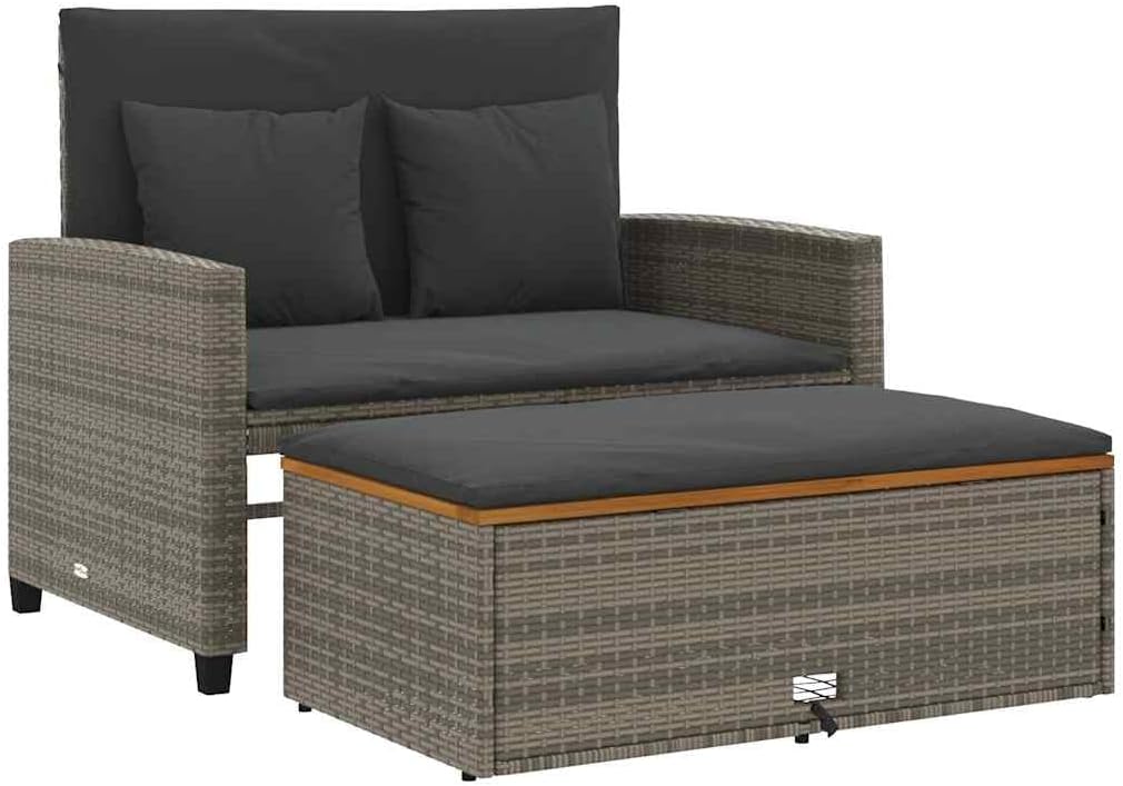 Sofá de jardín de 2 plazas vidaXL con cojines, sofá de exterior con taburete con almacenamiento, sofá con funda extraíble, muebles de jardín, juego de jardín, ratán sintético gris y madera de acacia
