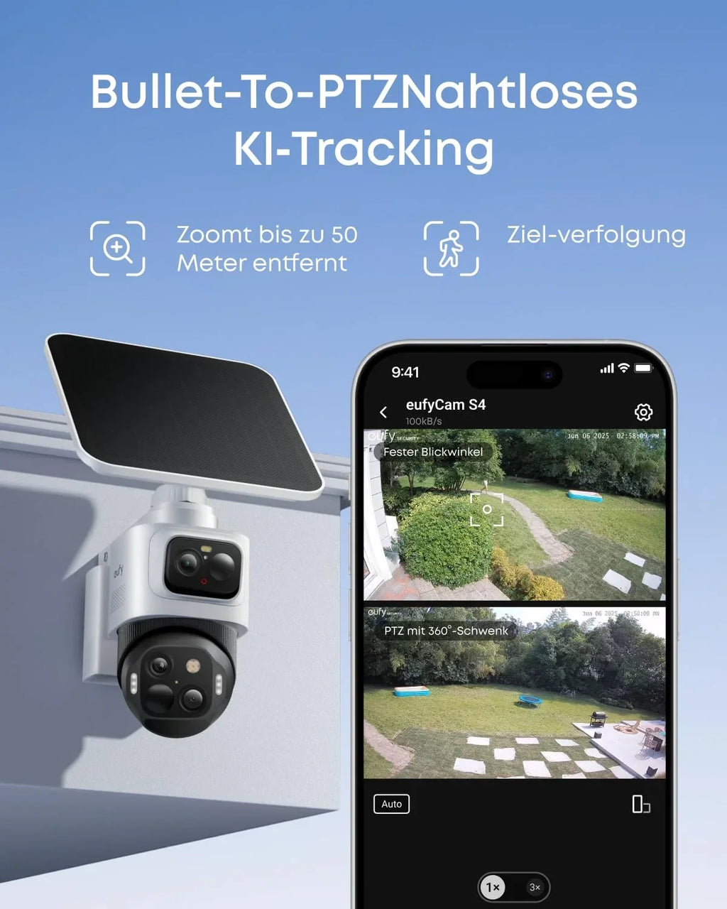 Cámara de seguridad exterior eufy S4 4K UHD, visión nocturna a color, zoom híbrido 8x, solar, seguimiento automático multicámara de 360° para HomeBase S380