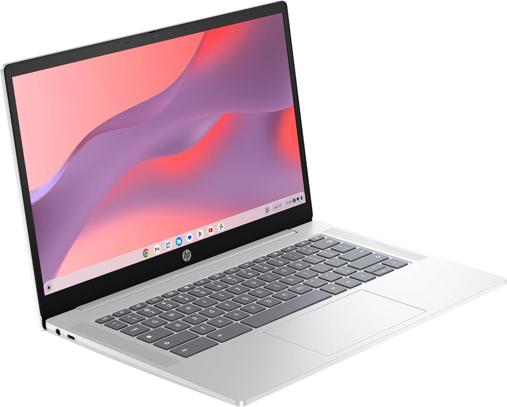 HP Chromebook 14a-nf0001sf Portátil 14" HD, PC Portátil (Intel Celeron N100, RAM 4 GB, Flash 128 GB, Intel Iris XE, Chrome OS), Ordenador Plateado, Teclado AZERTY