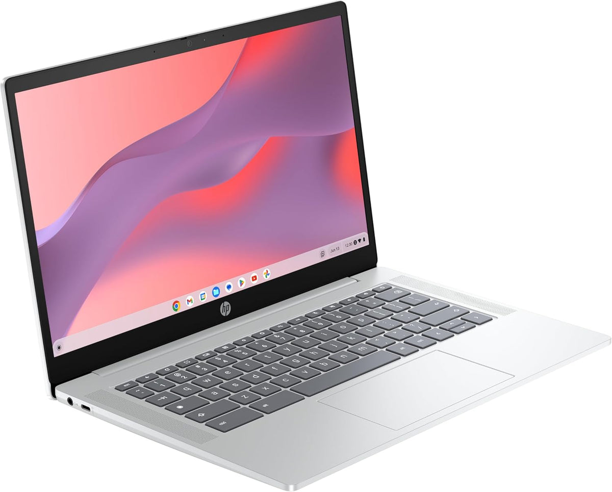 HP Chromebook 14a-nf0001sf Portátil 14" HD, PC Portátil (Intel Celeron N100, RAM 4 GB, Flash 128 GB, Intel Iris XE, Chrome OS), Ordenador Plateado, Teclado AZERTY
