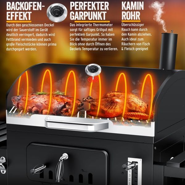 KESSER® Barbacoa de carbón XXL, carro de barbacoa con tapa y termómetro – gran carro de barbacoa de carbón, ahumador con chimenea y ventilación, con rejilla de cocción, rejilla de calentamiento y estante, incluye funda, cepillo y brocha