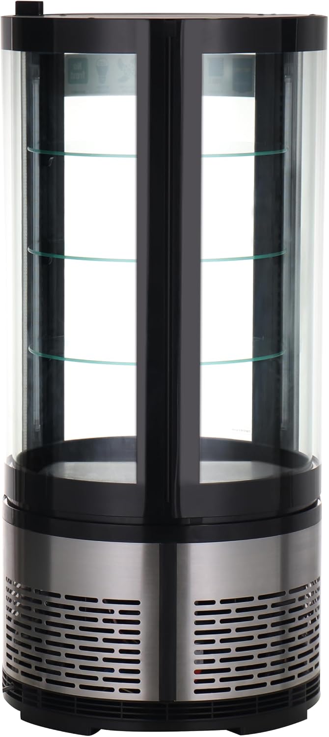 Vitrina refrigerada METRO Professional GRV1100, para hostelería, acero inoxidable/vidrio, 100 L, refrigeración por aire forzado, 490 W, indicador de temperatura,  descongelación automática, redonda, plateada, clase climática 6