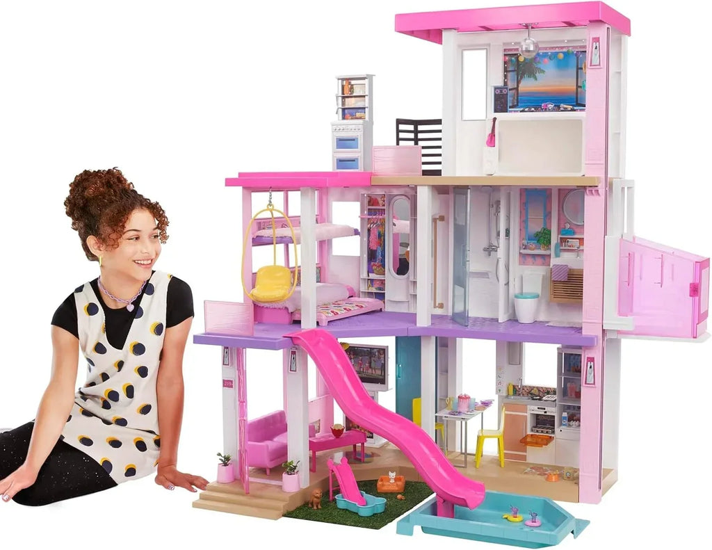 Set de juego casa de muñecas de 3 pisos con piscina, tobogán, ascensor, luz y sonido, 75 accesorios, modelo GRG93