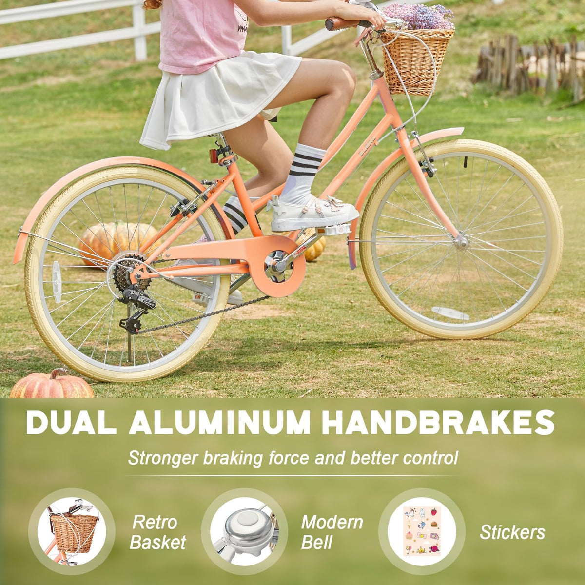 Glerc Missy 20, 24, 26 pulgadas bicicleta híbrida urbana tipo crucero para niñas, de 6 velocidades, con cesta de mimbre, para jóvenes mayores de 6 años, varios colores