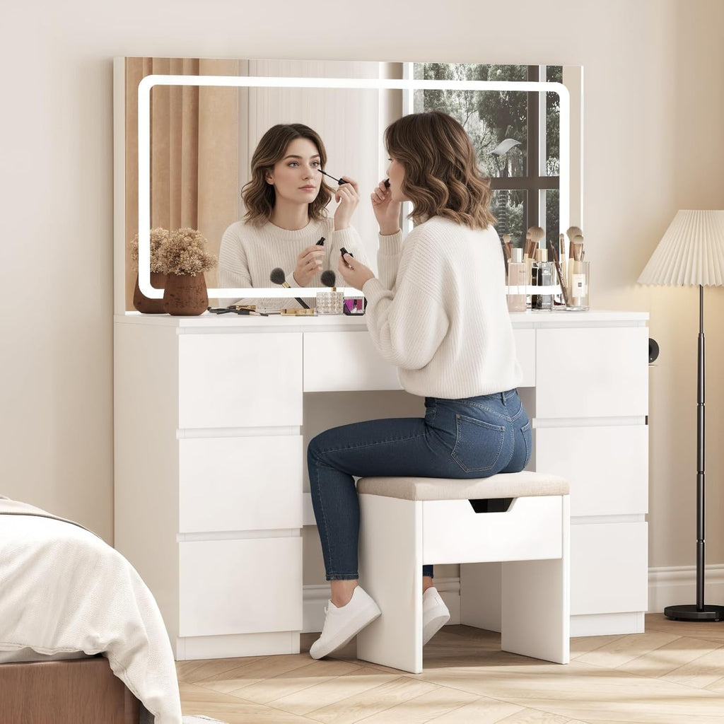Tocador grande con espejo e iluminación LED de 115 cm, temperatura de color ajustable, tocador de 7 cajones con enchufe, mesa de maquillaje con taburete, 115x40x139 cm, blanco