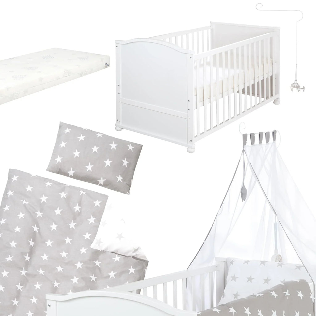 Juego de cuna roba Little Stars 70 x 140 cm, convertible y ajustable en altura, con textiles completos, diseño de estrellas, madera blanca