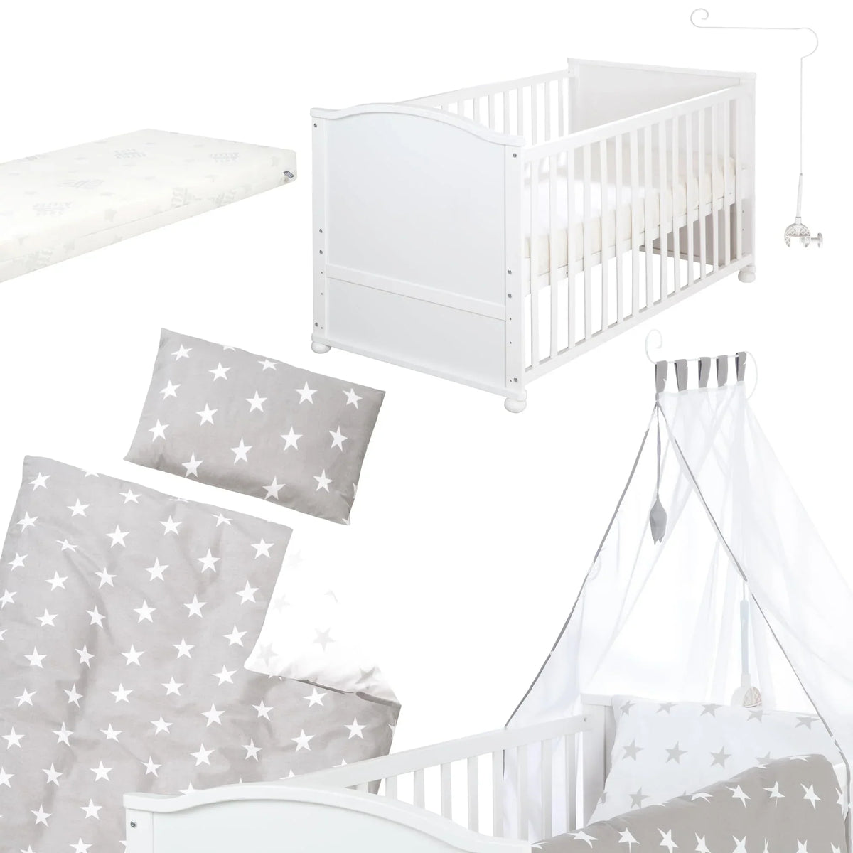 Juego de cuna roba Little Stars 70 x 140 cm, convertible y ajustable en altura, con textiles completos, diseño de estrellas, madera blanca