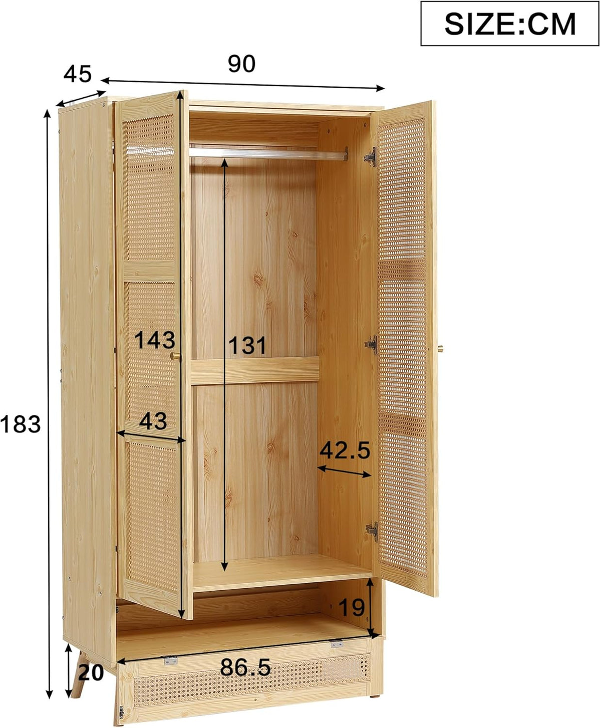 Armario Kebnor con barra, armario de 2 puertas, dormitorio, red de ratán, sala de estar, con tapa abatible inferior, aglomerado + ratán de polietileno, natural