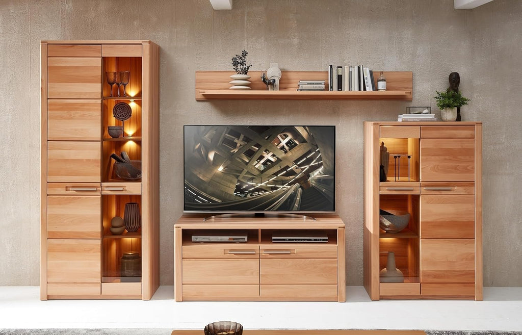 Mueble para TV möbelando >Nature One<, mueble bajo para TV en haya maciza (parcialmente), certificado FSC - Mueble de TV moderno con mucho espacio de almacenamiento para su salón - 131 x 58 x 45 cm (ancho/alto/fondo)