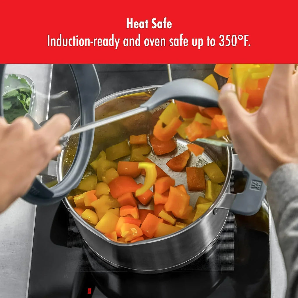 Juego de ollas de 5 piezas de acero inoxidable para inducción con tapa, colador integrado, función de vertido y asas Stay-Cool, gris, 1009150