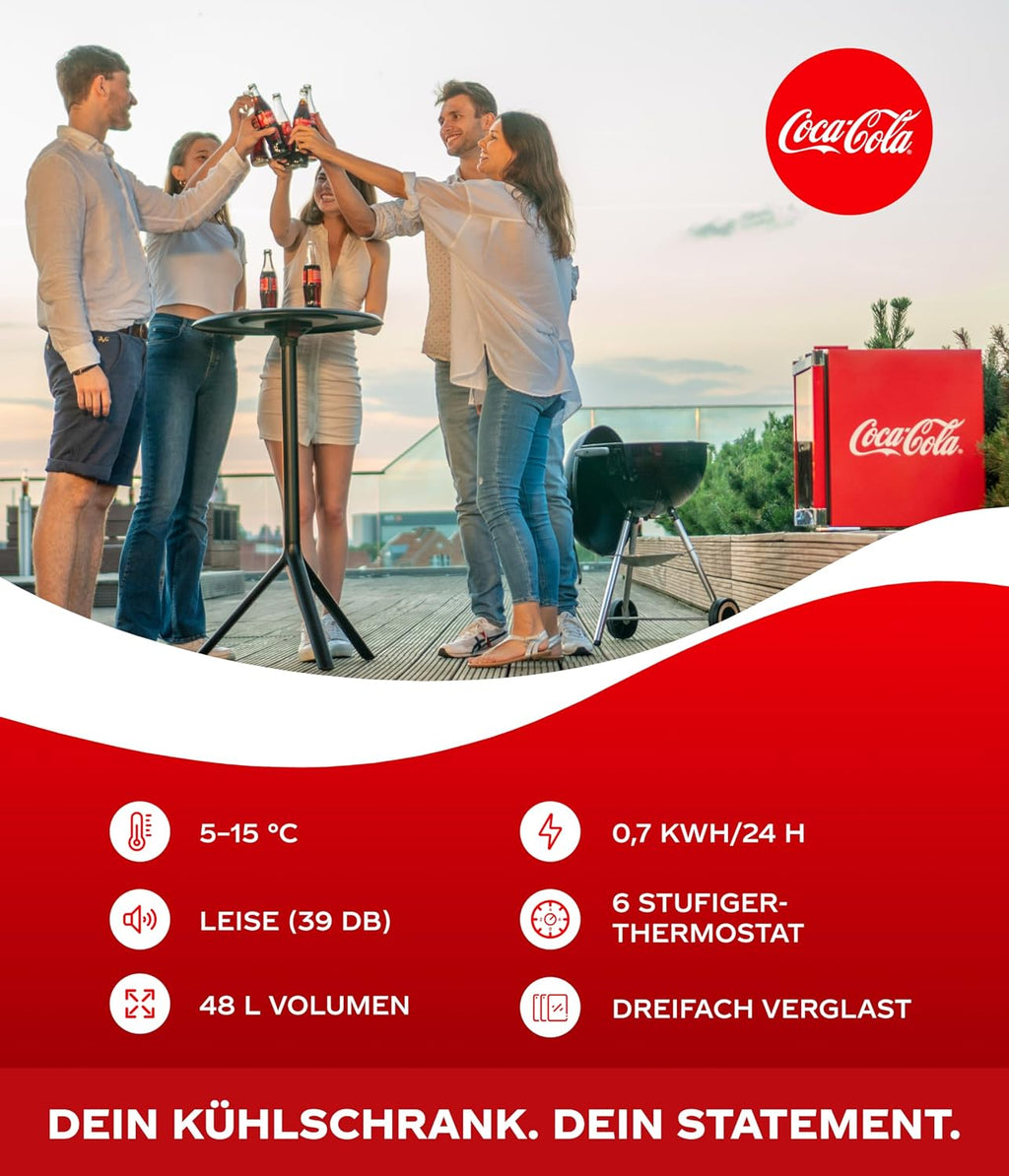 Mininevera Original Coca-Cola °CUBES roja 48L - Mininevera para bebidas con puerta de cristal, silenciosa y eficiente energéticamente - Para oficina, fiestas y gaming - Nevera para botellas - Mininevera para bebidas