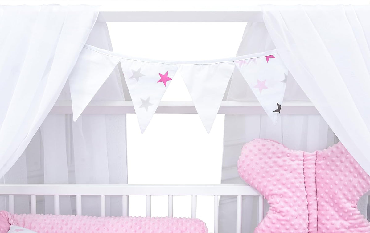 Set completo de cuna Baby Delux, cama casita de 60x120 cm, color blanco, con cajón, barrera anticaídas, colchón, ropa de cama y set de decoración (Prince Stars)