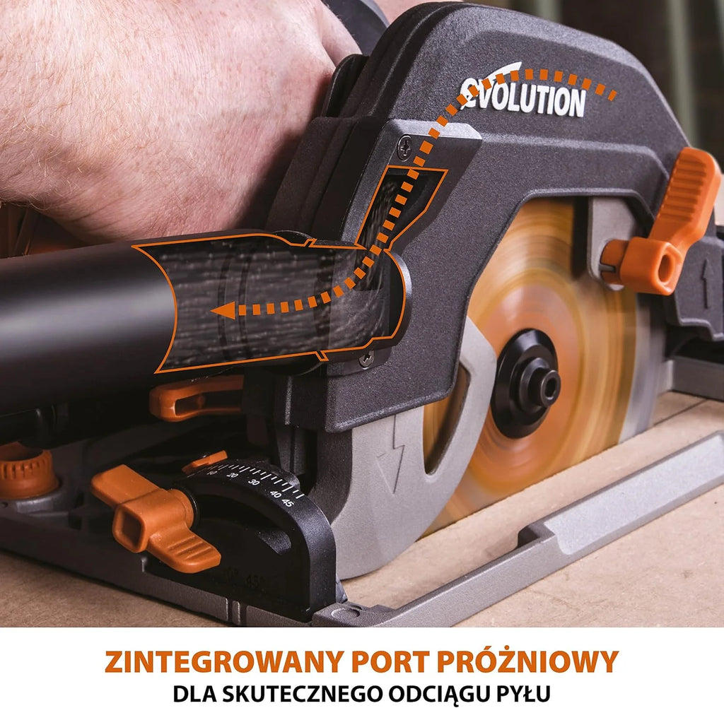 Evolution Power Tools R185CCSX Piła tarczowa i prowadnica do różnych materiałów, tnie drewno, drewno z gwoździami metal stal aluminium plastik, opcja odchylenia, w zestawie prowadnica 1020 mm, 185 mm