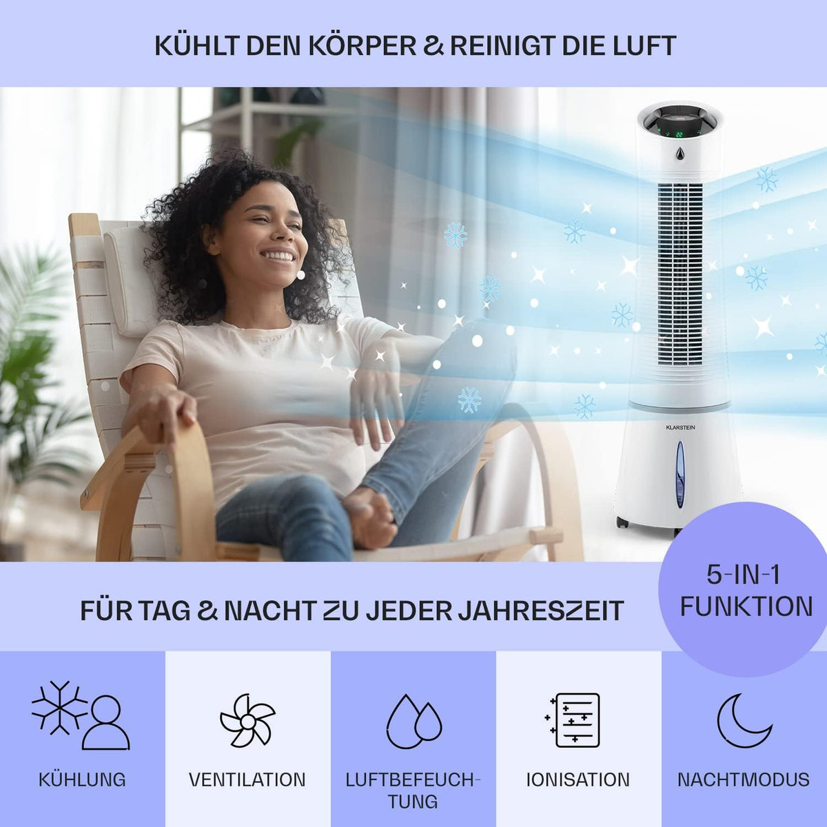 Klarstein 4 en 1: Enfriador de aire inteligente, ventilador, humidificador e ionizador I Depósito de agua de 6 L, oscilación, 30 W, 210 m³/h, temporizador I Aire acondicionado sin tubo de escape, aire acondicionado portátil, negro-oro rosa