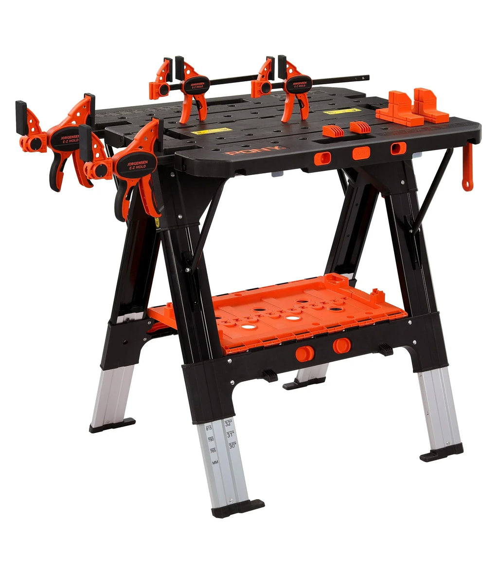 Banco de trabajo 2 en 1 plegable, caballete de aserrado, 454 kg, soporte de trabajo, patas de aluminio, 4 abrazaderas, 79 x 63,5 cm