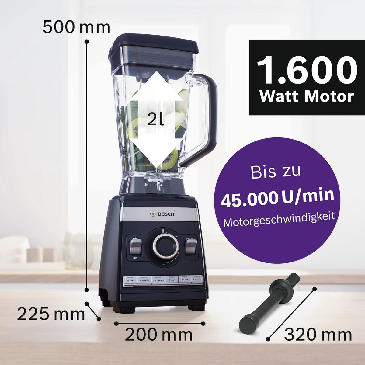 Batidora de vaso Bosch VitaBoost MMBH6P6BDE, cuchilla de acero inoxidable de 6 hojas, jarra de Tritán de 2,5 l, empujador, 6 programas automáticos, libro de recetas, sin BPA, fácil limpieza, 45.000 rpm, 1600 W, negro