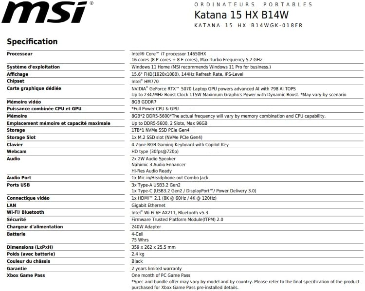 MSI Katana 15 HX B14WGK-018FR : Intel Core i7-14650HX - 16GB DDR5 (2x8gb) - SSD 1TB NVMe PCIe - Nvidia RTX 5070 8GB GDDR7 - 15,6' Full HD+ 144Hz - Windows 11 Home - Teclado Gaming RGB de 4 zonas
