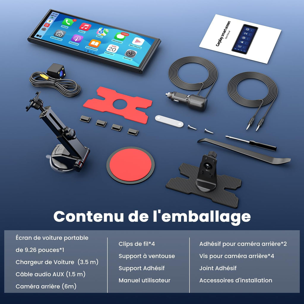 Pantalla portátil inalámbrica Krunia de 9,26" para Apple CarPlay y Android Auto, actualizaciones OTA, cámara de visión trasera, Mirror Link, Bluetooth 5.0, control por voz, navegación GPS, FM