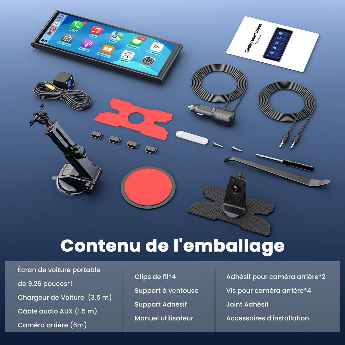 Pantalla portátil inalámbrica Krunia de 9,26" para Apple CarPlay y Android Auto, actualizaciones OTA, cámara de visión trasera, Mirror Link, Bluetooth 5.0, control por voz, navegación GPS, FM