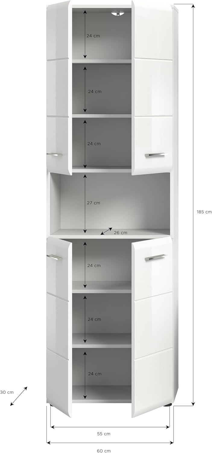 xonox.home - Armario alto Ice 60x185x30 cm, frente blanco alto brillo termoformado, cuerpo blanco - armario alto de baño ancho - elegante y funcional