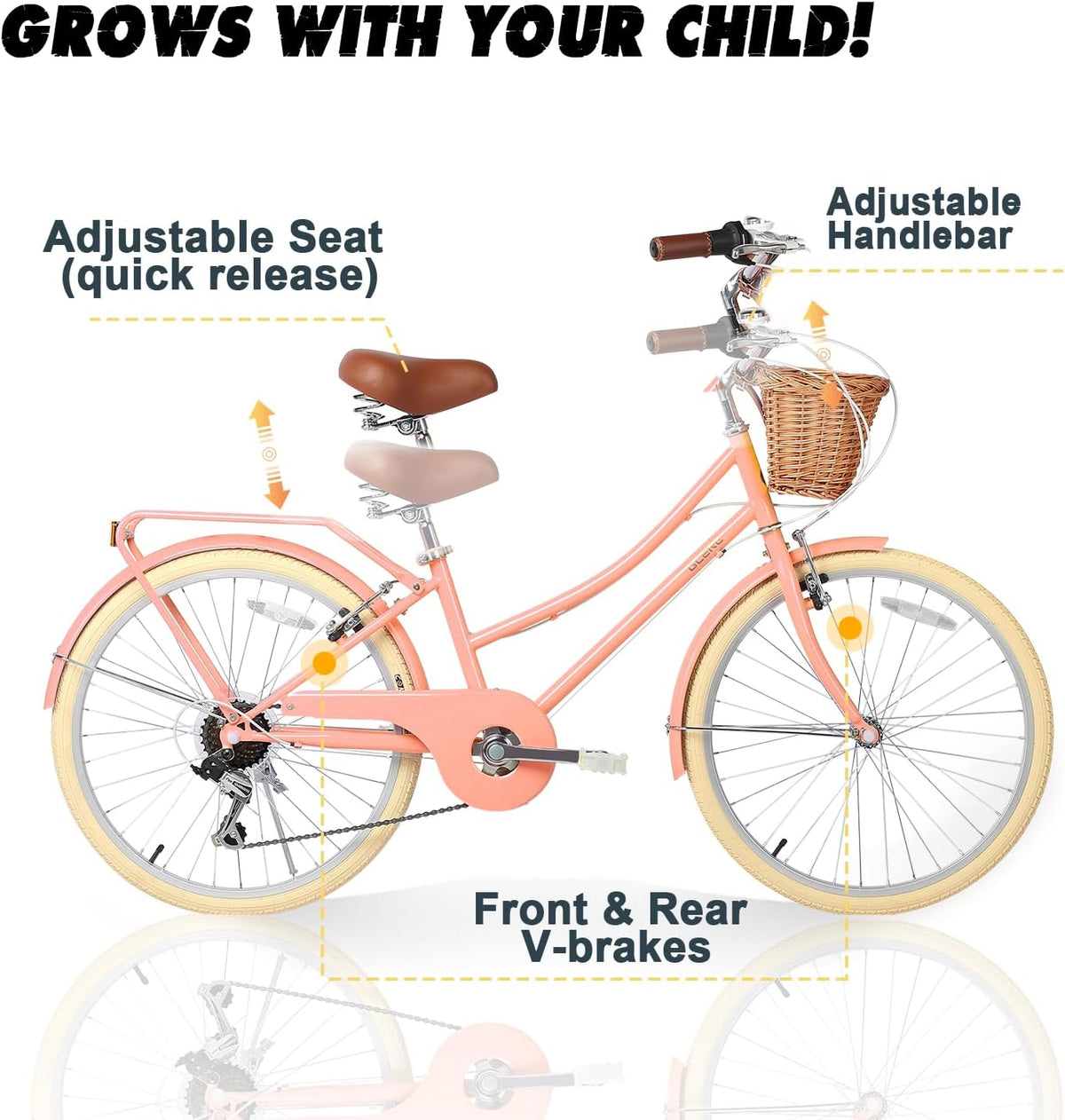 Glerc Missy 20, 24, 26 pulgadas bicicleta híbrida urbana tipo crucero para niñas, de 6 velocidades, con cesta de mimbre, para jóvenes mayores de 6 años, varios colores
