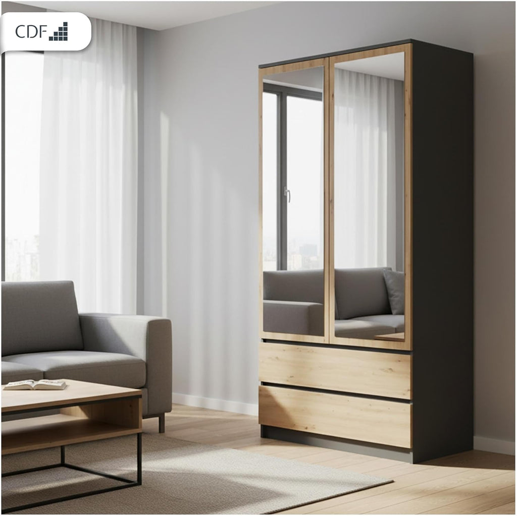 Armario infantil CDF de 90 cm de ancho, armario multiusos de 2 puertas con espejo, 2 cajones, 4 estantes y 1 barra para ropa, tablero laminado de 16 mm, armario multiusos, roble artisan/antracita