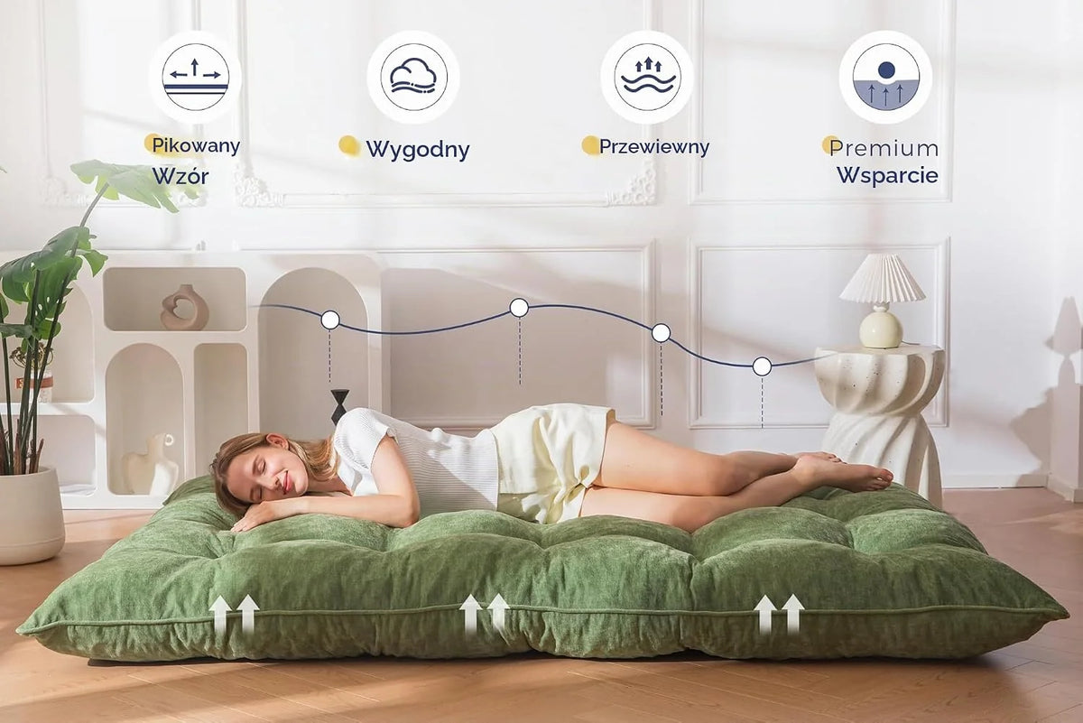 MAXYOYO materac futon, tkanina szenilowa, 15 cm grubości, składany materac futon do kanapy wypełniony strzępioną pianką, szyty guzikiem, praktyczna składana mata podłogowa (bez ramy)