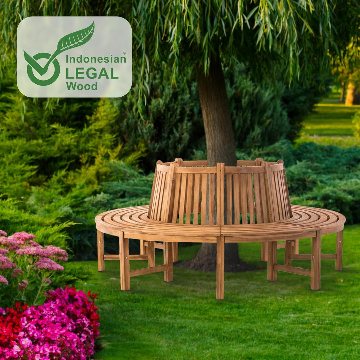 Banco circular para árbol CLP Baumbank Novum I Banco redondo con 8 plazas I Banco de madera natural con respaldo de madera de teca maciza, color: teca, tamaño: 200 cm
