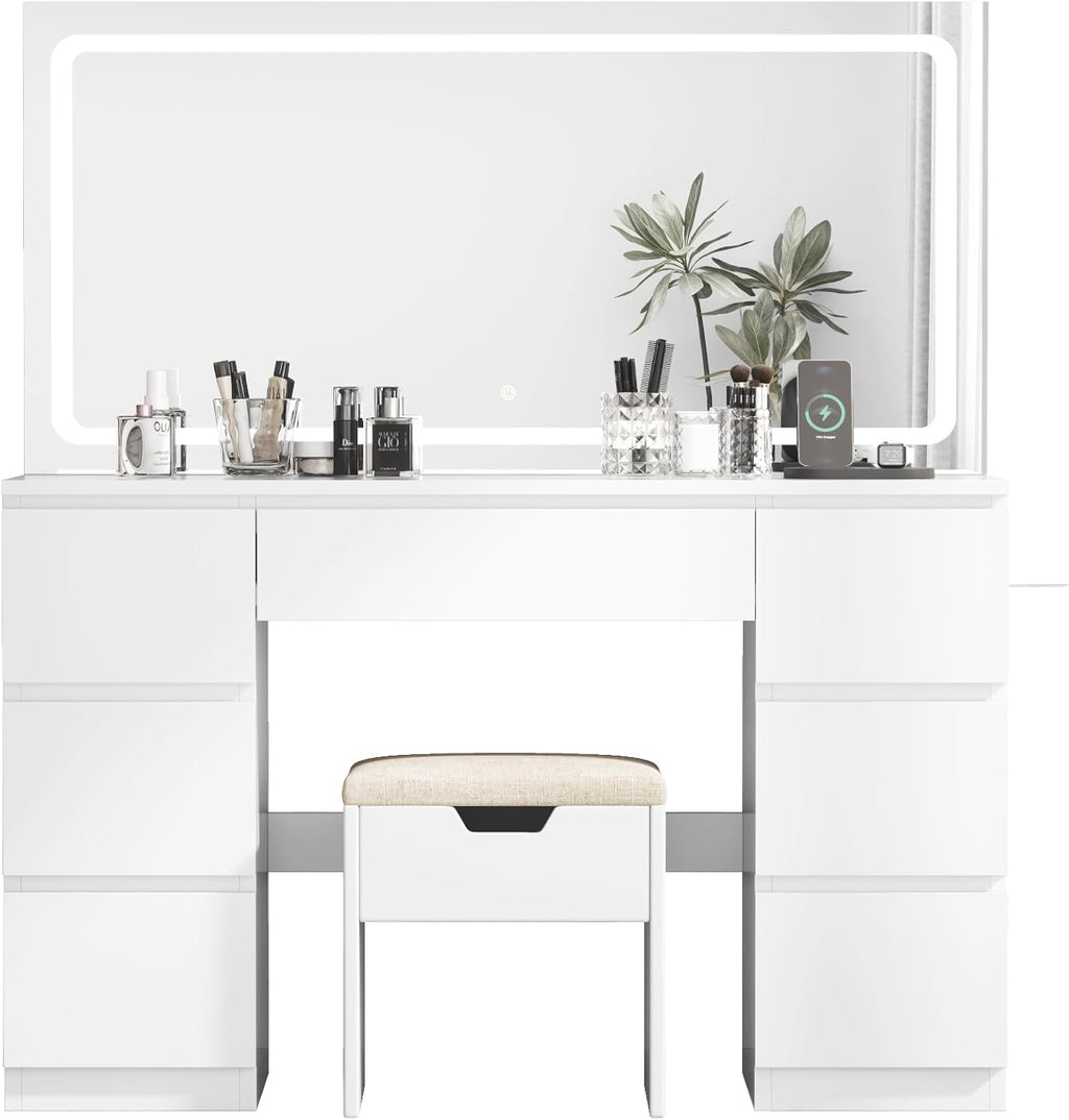 Tocador grande con espejo e iluminación LED de 115 cm, temperatura de color ajustable, tocador de 7 cajones con enchufe, mesa de maquillaje con taburete, 115x40x139 cm, blanco