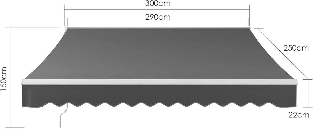 Toldo articulado manual, 300 x 250 cm, toldo de brazos extensibles, toldos, ajustable, con protección UV, resistente a la lluvia, para terrazas exteriores, balcones, antracita