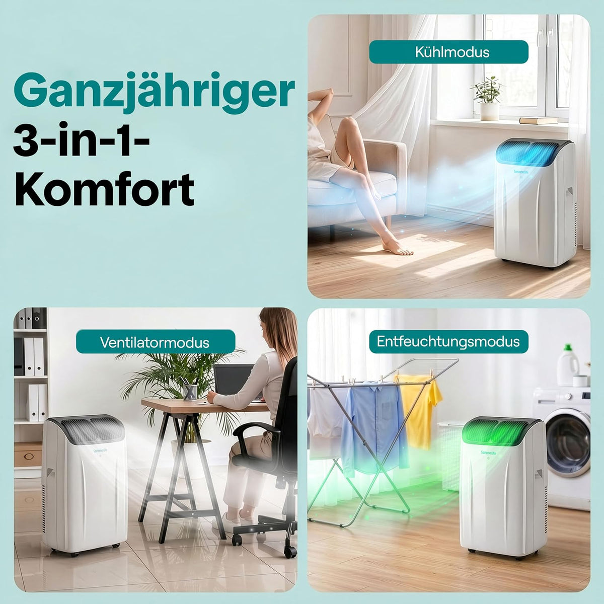 Aire acondicionado portátil SereneLife 14000 BTU – Aire acondicionado pequeño para habitaciones de hasta 33 m² | WiFi | Enfriamiento, deshumidificador y ventilador | 51 dB