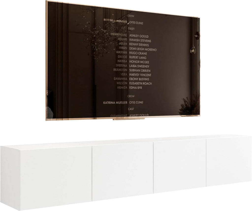 Mueble de TV de 200 cm, blanco mate, con 4 compartimentos grandes prácticos e iluminación LED - Mueble de TV colgante ideal para salones con estilo