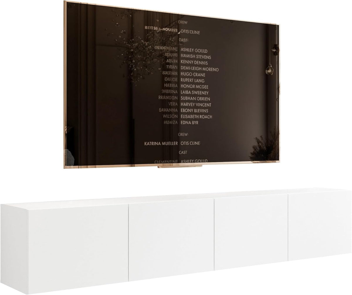 Mueble de TV de 200 cm, blanco mate, con 4 compartimentos grandes prácticos e iluminación LED - Mueble de TV colgante ideal para salones con estilo