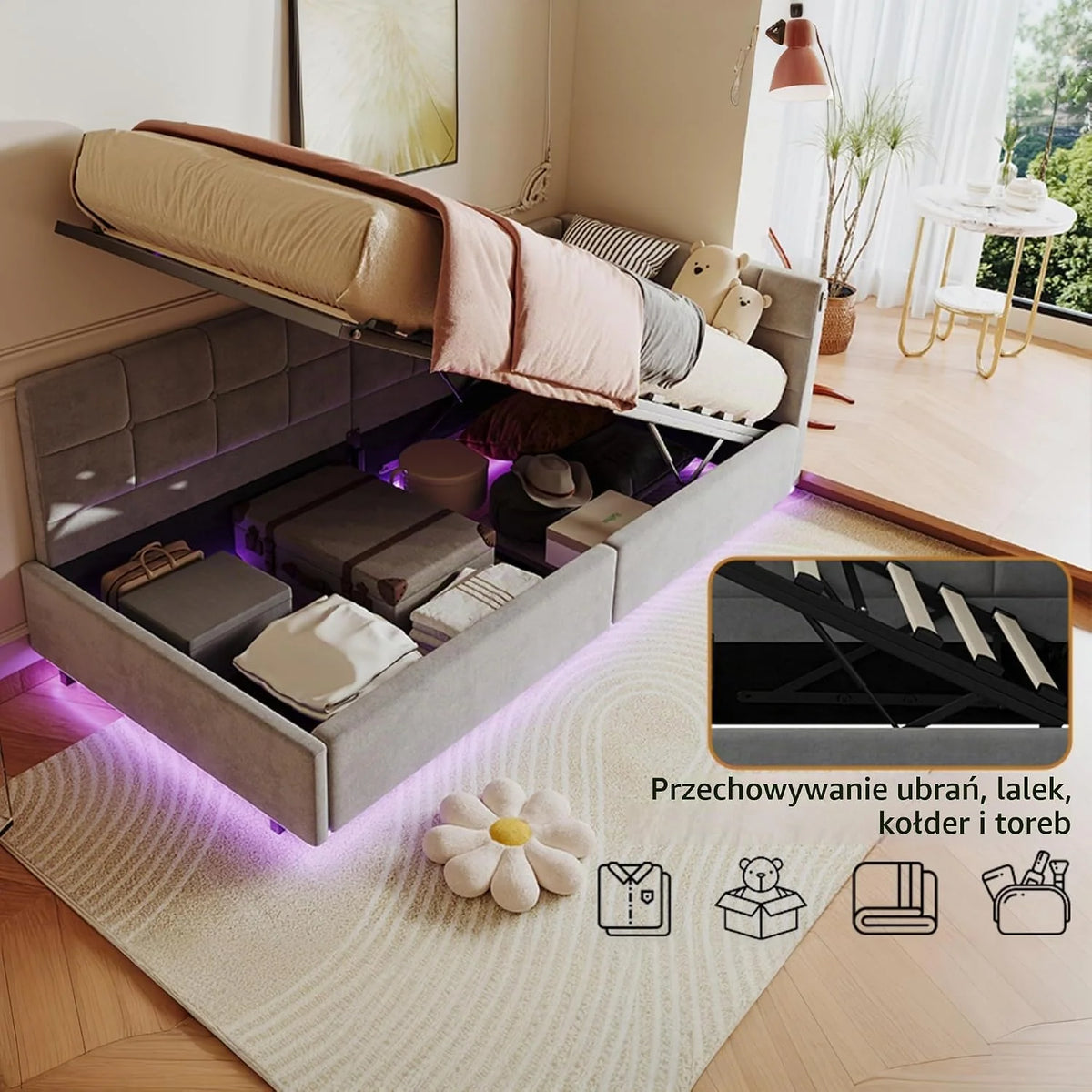 Łóżko z szufladą 90x200 z oświetleniem LED i USB, Łóżko dziecięce 90x200 z hydraulicznym schowkiem, Łóżko tapicerowane w kształcie L, Łóżko jednoosobowe z stelażem, Welur, Szary (bez materaca)