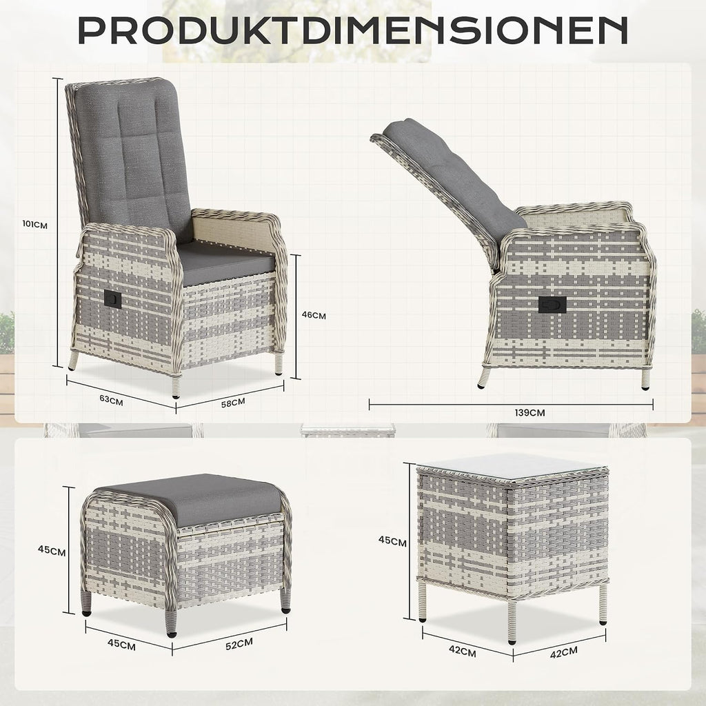 Set de muebles de jardín de ratán de 5 piezas, conjunto de conversación para patio con 2 sillas, 2 taburetes y 1 mesa, respaldos ajustables y cojines suaves, para terrazas, jardines y patios, gris