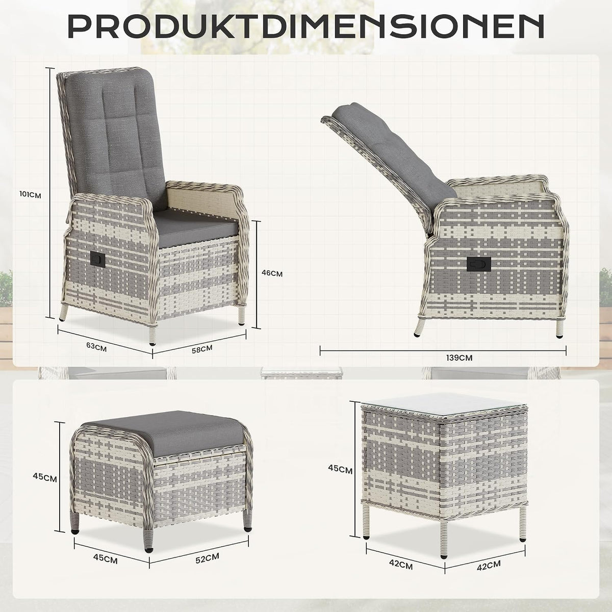 Set de muebles de jardín de ratán de 5 piezas, conjunto de conversación para patio con 2 sillas, 2 taburetes y 1 mesa, respaldos ajustables y cojines suaves, para terrazas, jardines y patios, gris
