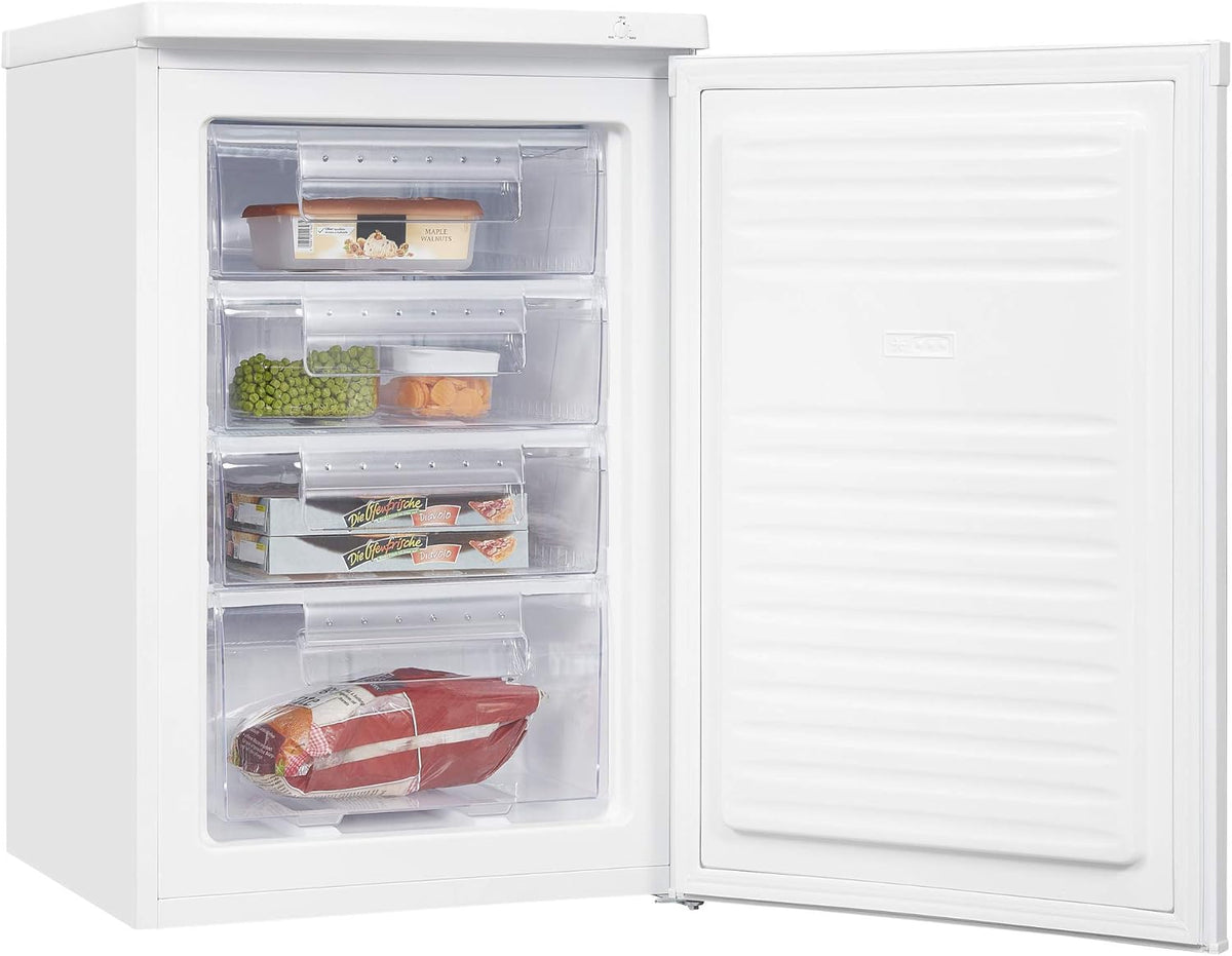 Exquisit® Congelador de sobremesa 91L, color blanco, clase E, congelador de 4 estrellas, 4 cajones transparentes, puerta reversible, control de temperatura, medidas (85,5 x 55,0 x 58,0 cm)
