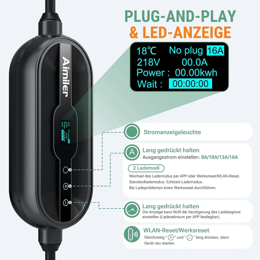 Wallbox portátil 11 kW con app, 400 V, 16 A, trifásica, cable de carga tipo 2 de 7,6 m, CEE, IP66, OLED, montaje mural para coches eléctricos