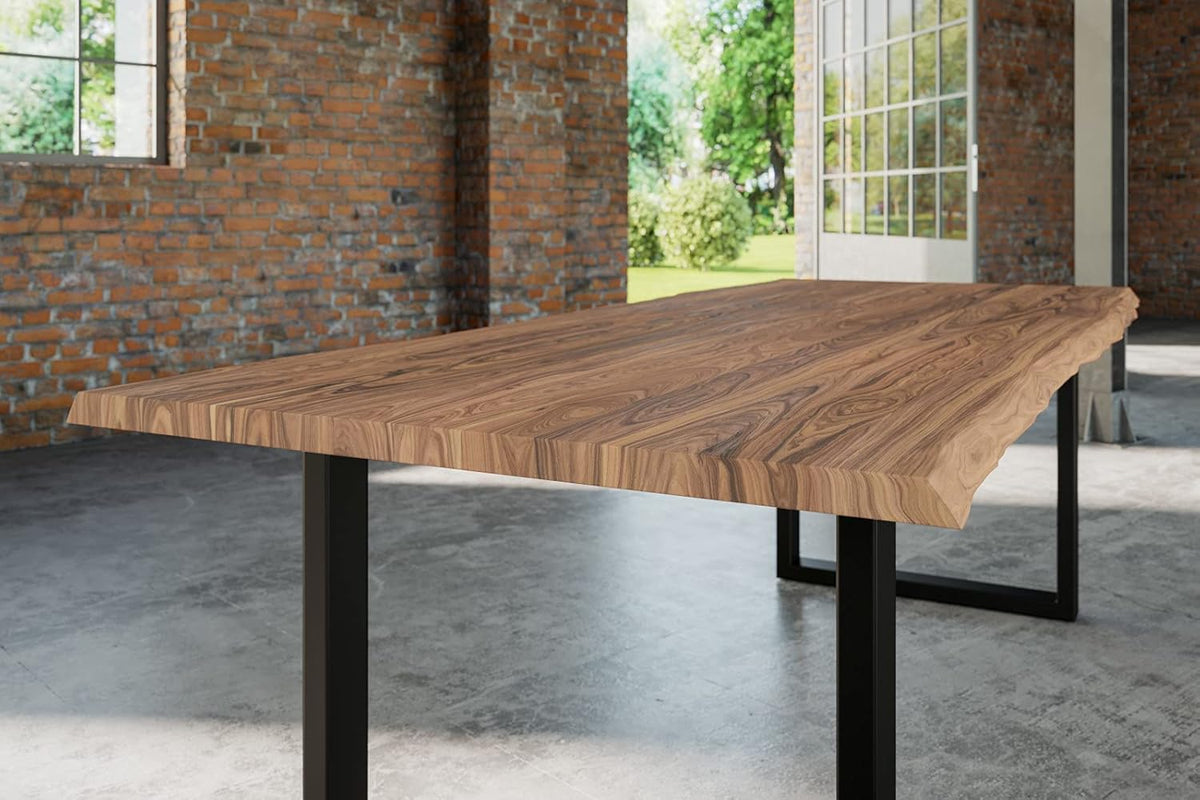 Mesa de comedor SAM 240x100 cm Lauren, mesa de madera de acacia con borde natural, maciza + color piedra, base metálica en U negra, mesa de comedor con borde de árbol real