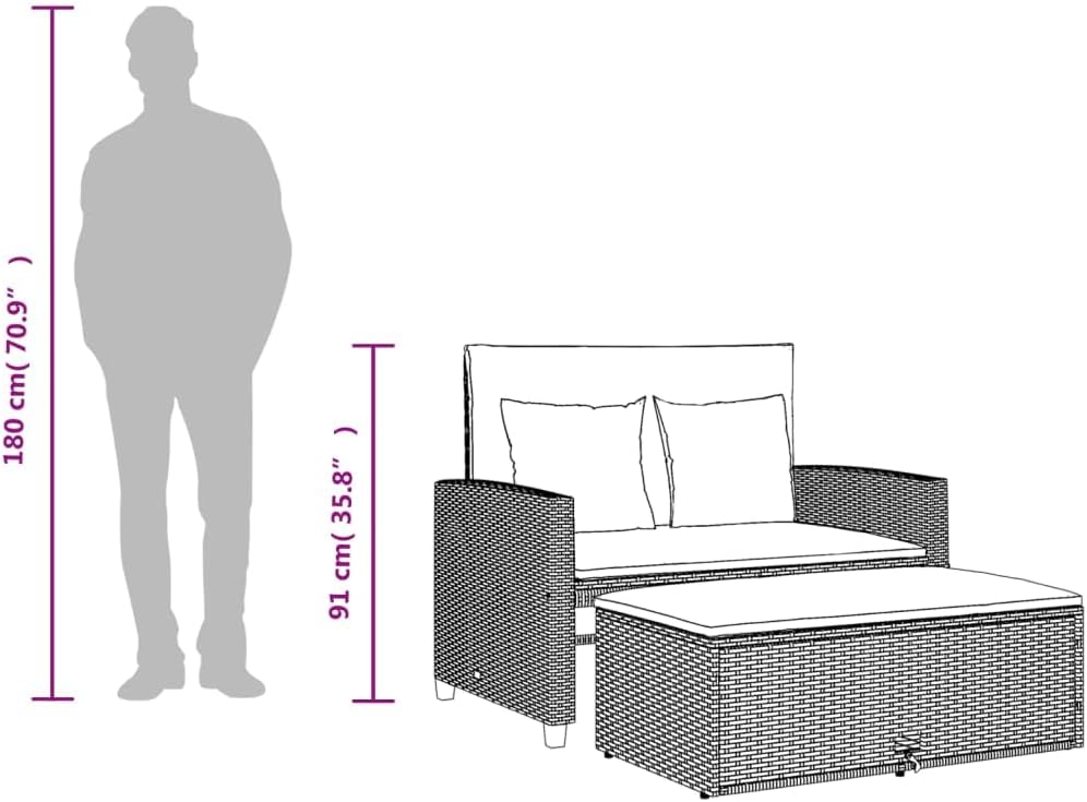 vidaXL Sofá de jardín con cojines, 2 plazas, sofá de exterior con taburete con almacenamiento, sofá con funda extraíble, muebles de jardín, conjunto de jardín, ratán sintético negro