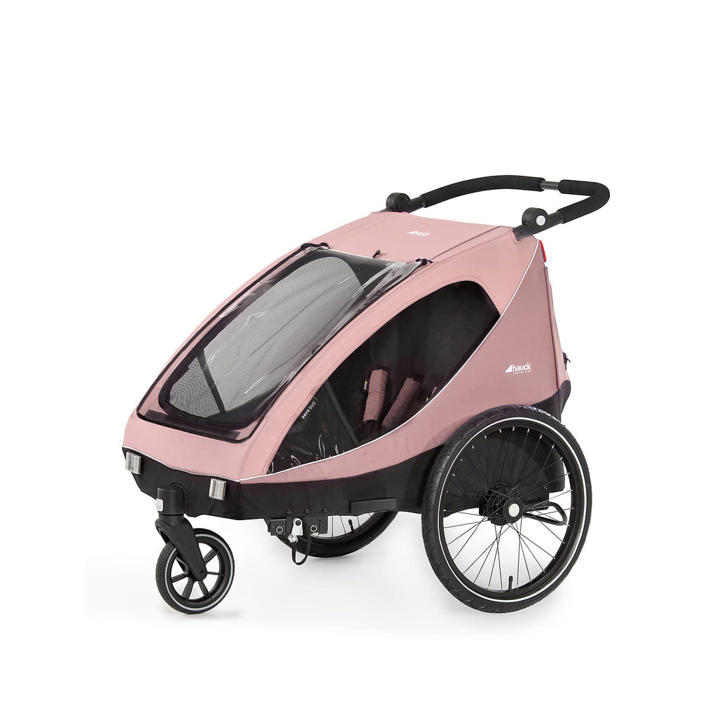 hauck Remolque de bicicleta y cochecito Dryk Duo Plus con suspensión, para 2 niños (6-48 meses), incluye barra de tiro, rueda de cochecito, bandera y luz LED, plegable, altura ajustable, maletero XL (verde oscuro)