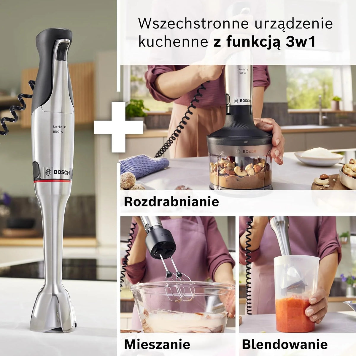 Bosch, blender ręczny, ErgoMaster Serie 8, silnik 1500 W, intuicyjna regulacja prędkości, 6-ramienne ostrze, akcesoria w zestawie, stal nierdzewna, MSM8M934