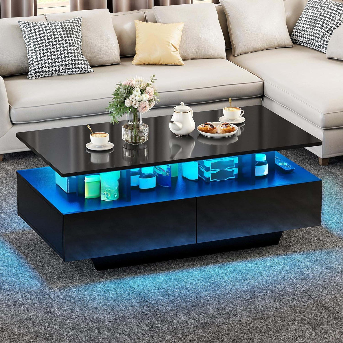 Mesa de centro YITAHOME negra, mesa de salón de alto brillo con iluminación LED de 16 colores moderna, mesa auxiliar negra con estante abierto y 4 cajones extraíbles 90x55x41,1 cm