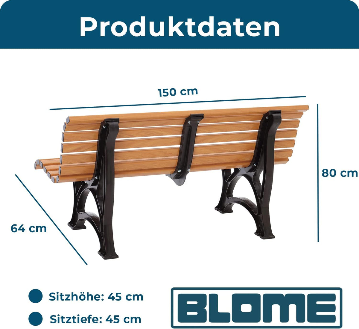 Banco de jardín Blome Helgoland - banco de jardín de 3 plazas para jardín, balcón, terraza, banco de parque con aspecto de madera, fabricado en Alemania
