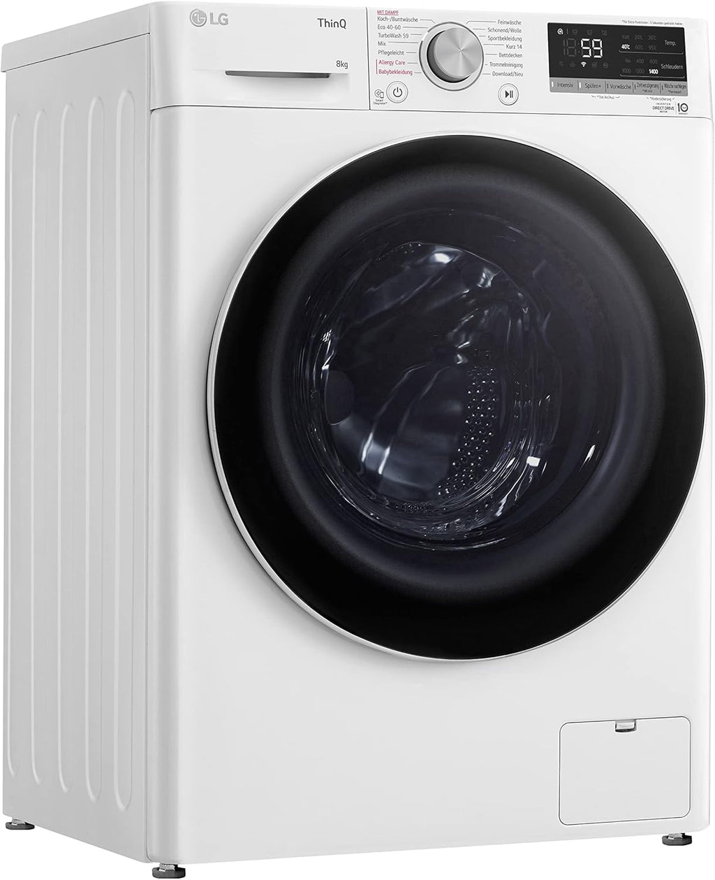 LG F4WV7080, Clase A, lavadora de carga frontal 8 kg, 1400 rpm, AI Direct Drive, Wi-Fi, limpieza profunda con vapor, gran capacidad, TRIPLE A, puerta exterior de cristal templado, 62 x 60 x 85 cm, blanco