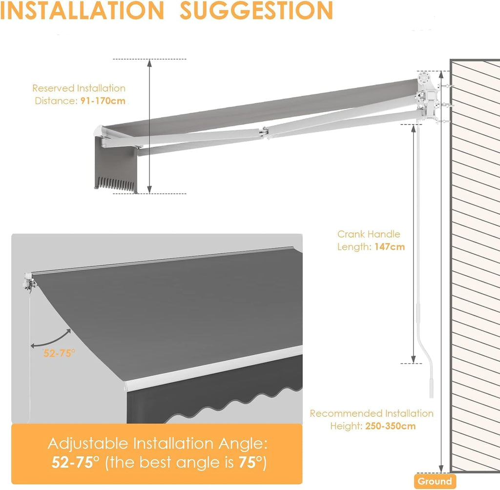 Toldo articulado manual, 300 x 250 cm, toldo de brazos extensibles, toldos, ajustable, con protección UV, resistente a la lluvia, para terrazas exteriores, balcones, antracita