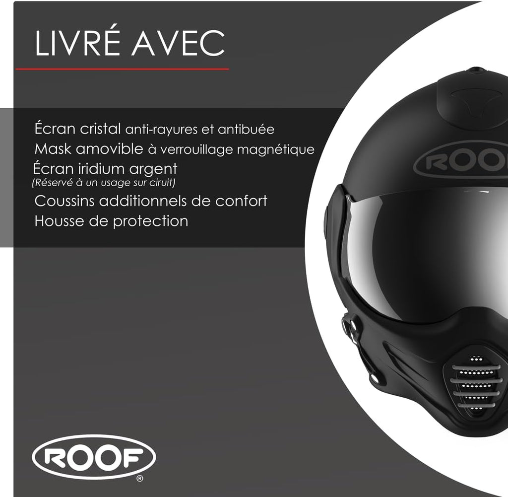 Casco de moto tipo jet de alta gama ROOF Roadster de fibra de vidrio con mentonera magnética extraíble, pantalla iridio incluida – Color Iron negro mate/plata – Oferta directa de fábrica – Garantía de 4 años